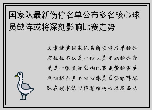 国家队最新伤停名单公布多名核心球员缺阵或将深刻影响比赛走势