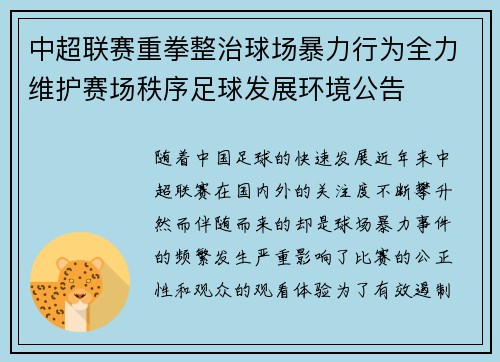 中超联赛重拳整治球场暴力行为全力维护赛场秩序足球发展环境公告